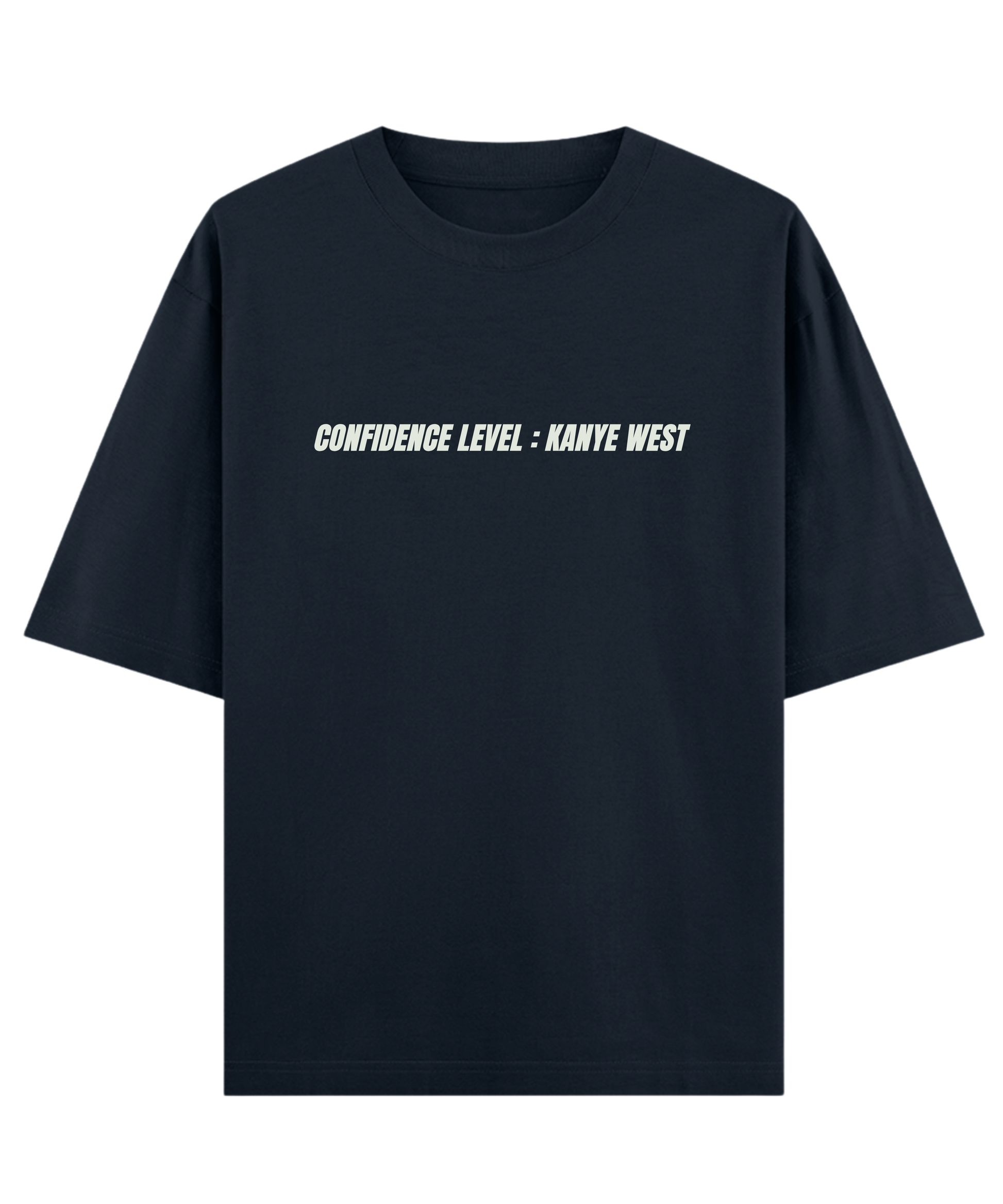 "Sarcastic oversized unisex navy t-shirt Cloquest with bold confidence quote, Gen Z streetwear style"