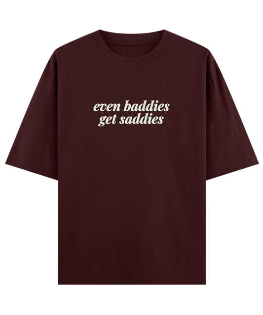 "Baddie bestie oversized unisex gift t-shirt Cloquest maroon with emotional quote, aesthetic Gen Z streetwear