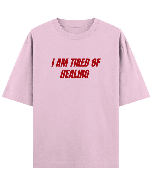 "Relatable oversized unisex emotional t-shirt Cloquest pink with healing quote, Gen Z aesthetic streetwear"