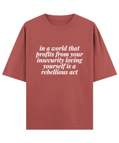 "Cloquest oversized rust graphic tee with self love message, unisex aesthetic t-shirt for gifting"