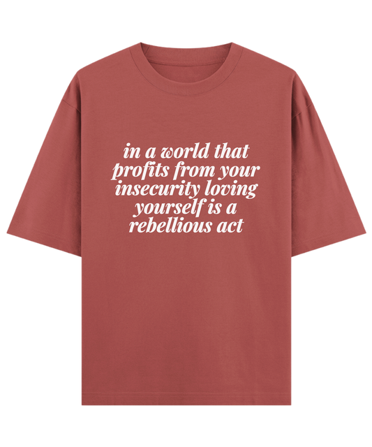 "Cloquest oversized rust graphic tee with self love message, unisex aesthetic t-shirt for gifting"